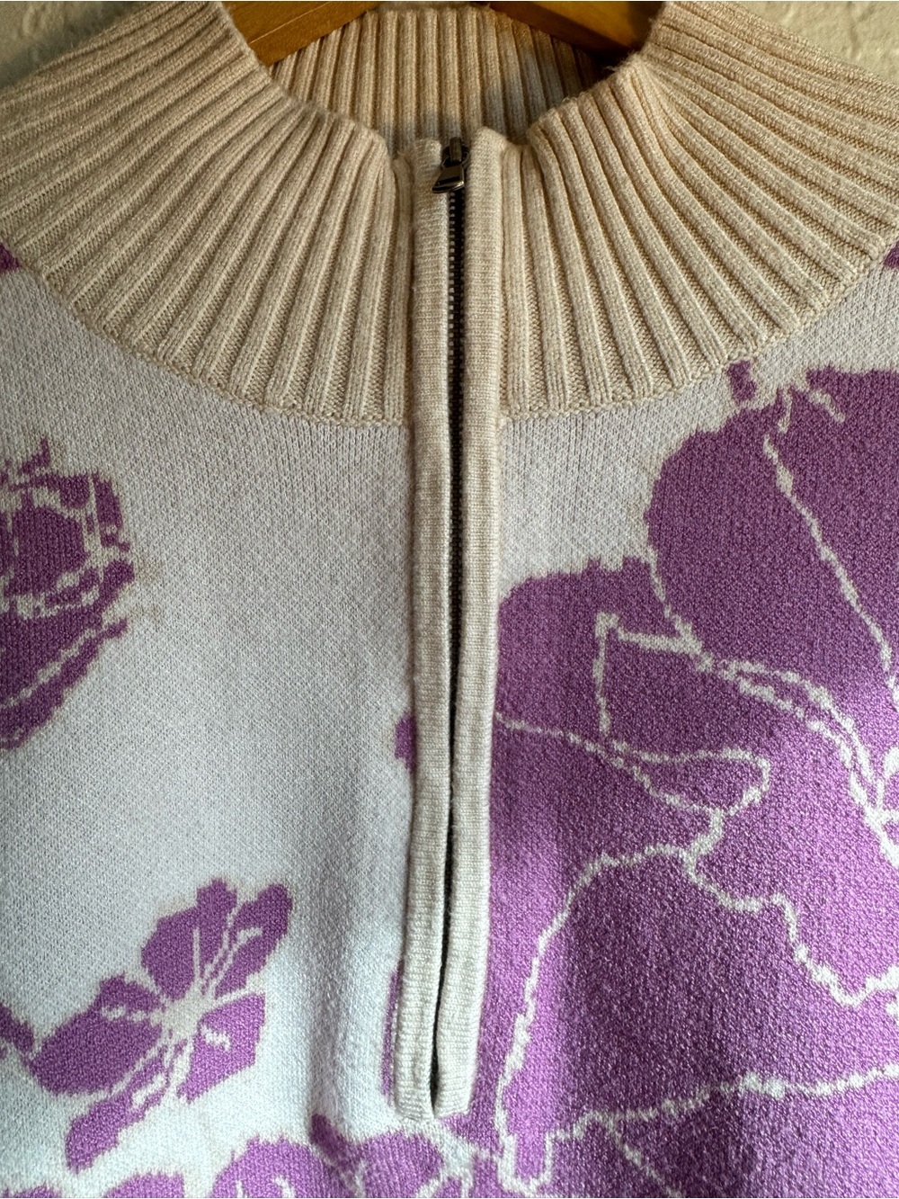 Anthropologie Maeve Montana Floral Mock-Neck Half-Zip Knit Sweater Lilac Cream - Picture 3 of 9